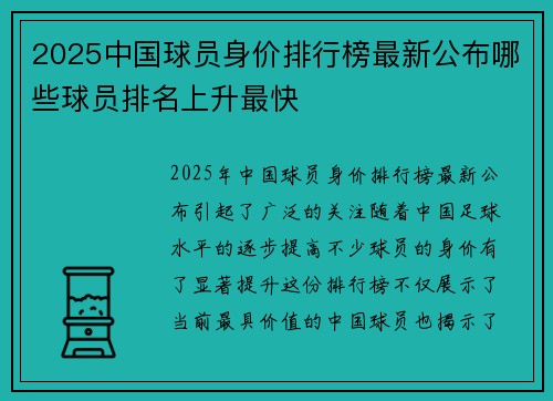 2025中国球员身价排行榜最新公布哪些球员排名上升最快