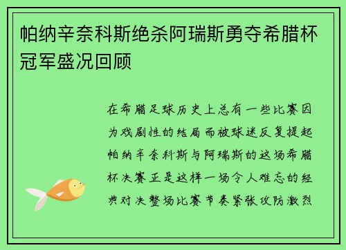 帕纳辛奈科斯绝杀阿瑞斯勇夺希腊杯冠军盛况回顾 帕纳辛奈科斯绝杀阿瑞斯勇夺希腊杯冠军盛况回顾