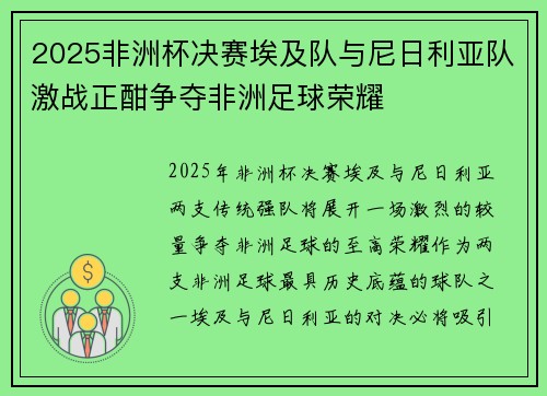 2025非洲杯决赛埃及队与尼日利亚队激战正酣争夺非洲足球荣耀 2025非洲杯决赛埃及队与尼日利亚队激战正酣争夺非洲足球荣耀